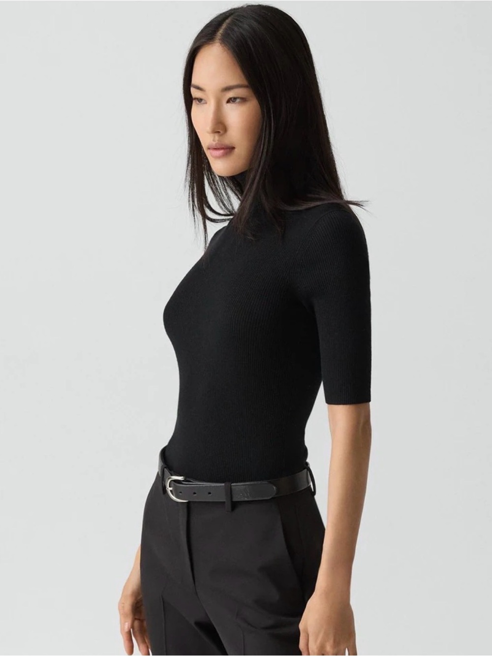 Theory Black Ribbed Short-Sleeve Knit Top